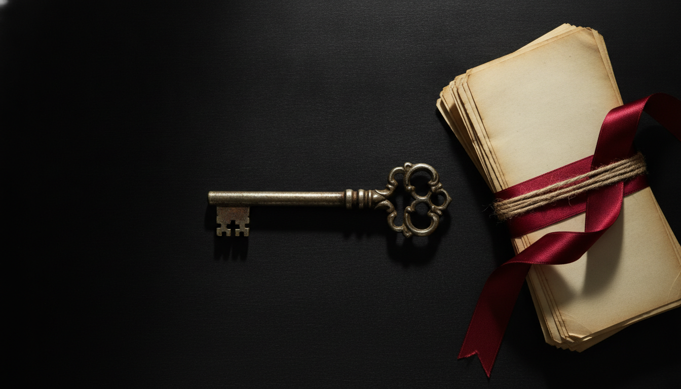 An antique skeleton key rests beside a bundle of old legal documents, symbolizing the complex history of a foreclosure property.