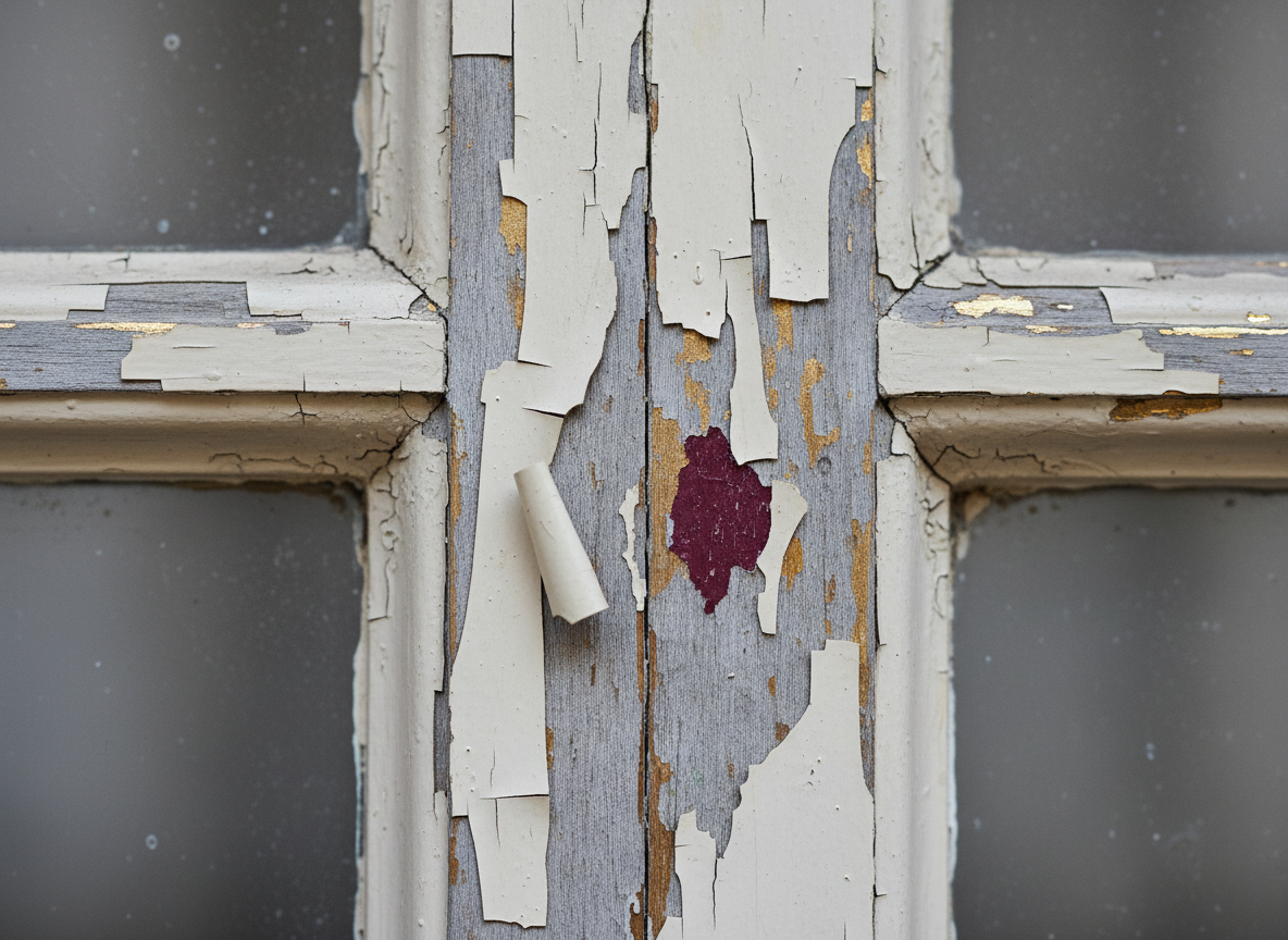 Close-up on a weathered window frame with cracked and peeling white paint, illustrating the 'as-is' condition of a foreclosure home.
