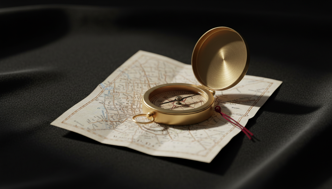 A brass compass on a map of the DMV, representing guidance for out-of-state home buyers.