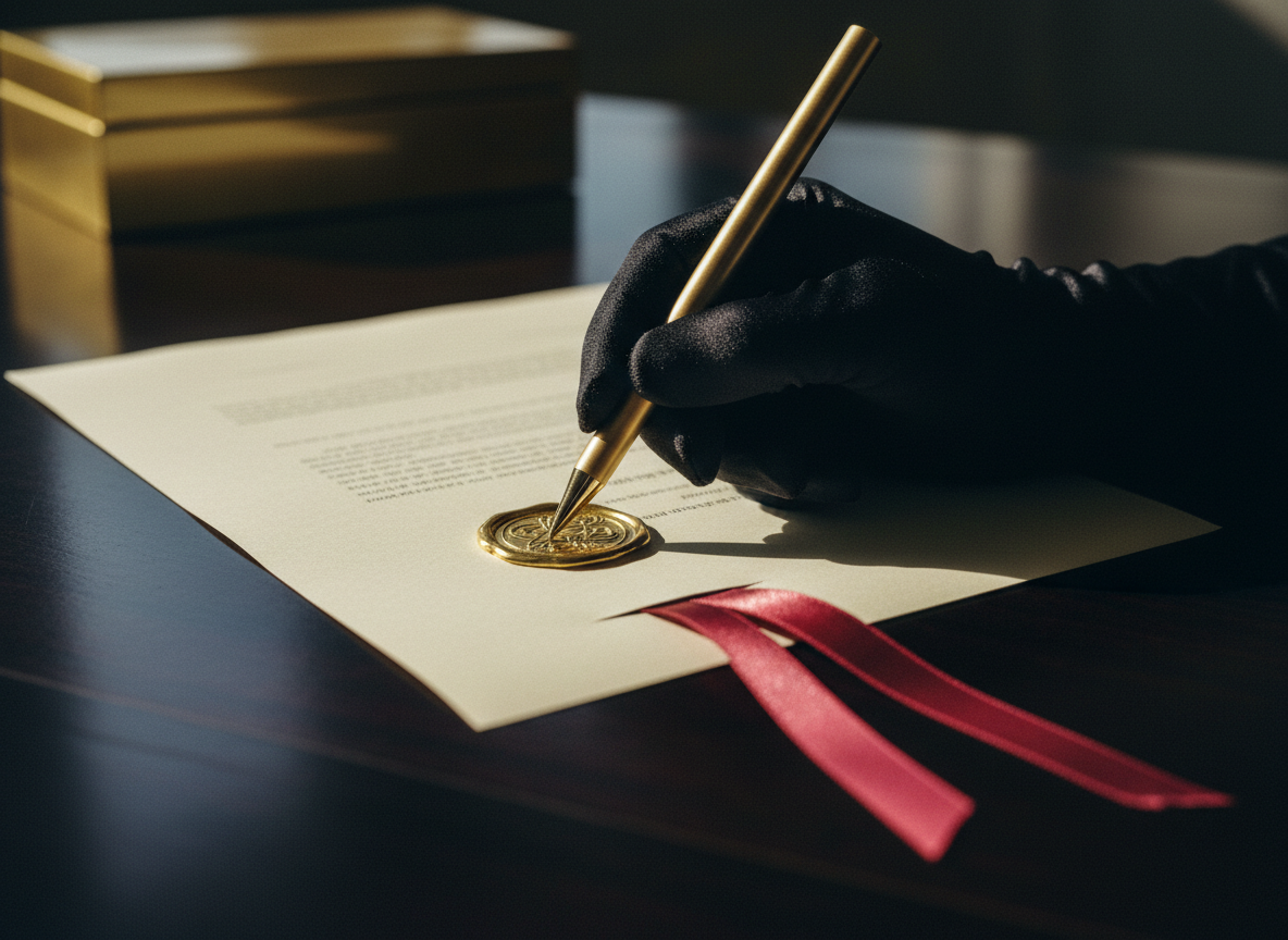 A hand applying a gold notary seal to a legal document, symbolizing the finalization of a remote closing.