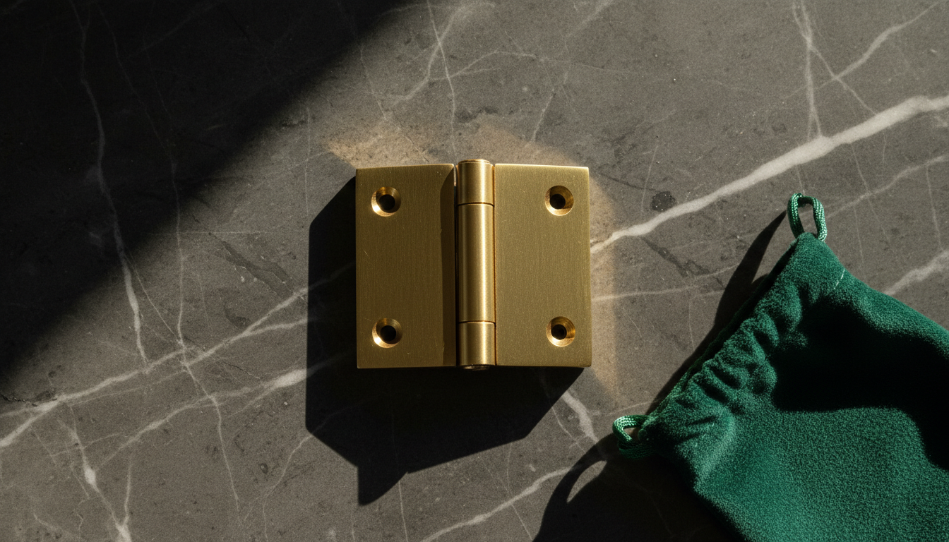 A new brass door hinge rests on a piece of dark marble, symbolizing new construction.