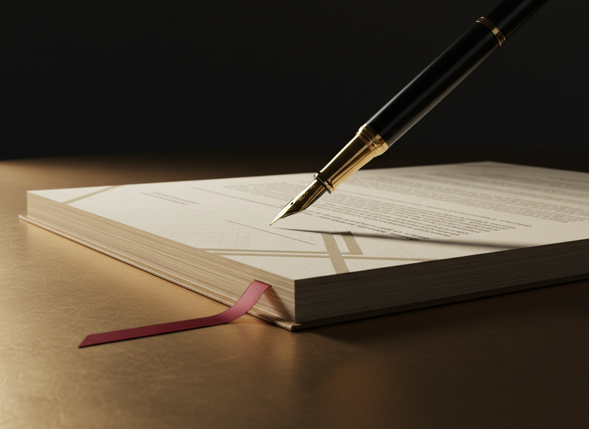 A fountain pen poised to sign a lengthy builder's contract for a new construction home.