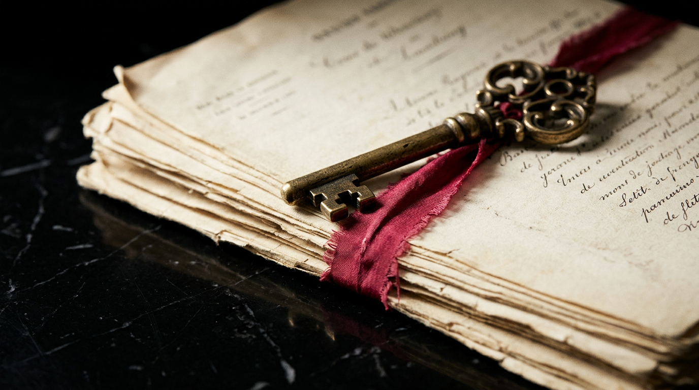 An old brass key lies on a stack of historic legal papers, symbolizing the unlocking of a property's history.