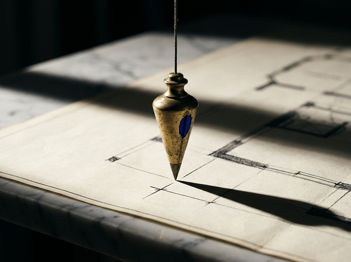 A brass plumb bob hangs perfectly still over a line on a blueprint, representing the precision needed to resolve property boundary issues.