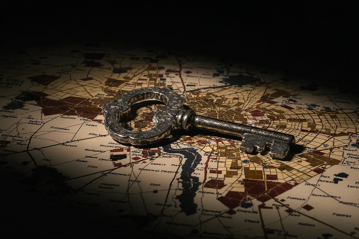 A silver skeleton key on a vintage map of Washington D.C., representing the HPAP program unlocking homeownership.