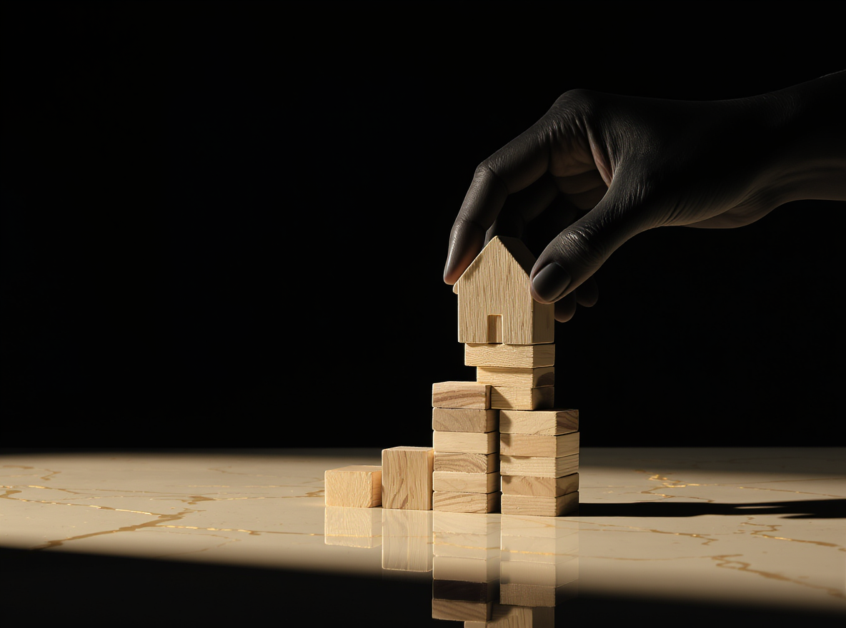 A hand stacking wooden blocks, symbolizing building the financial components for a home purchase.