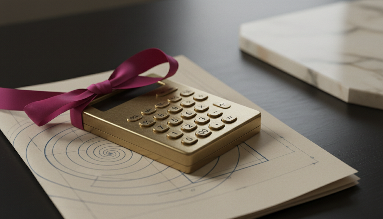 A vintage brass calculator sits on a rolled blueprint, symbolizing the calculation of home buying costs and tax savings.