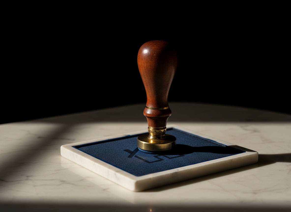 A rubber stamp with a house icon on an ink pad, representing the official recordation of a property deed with the government.