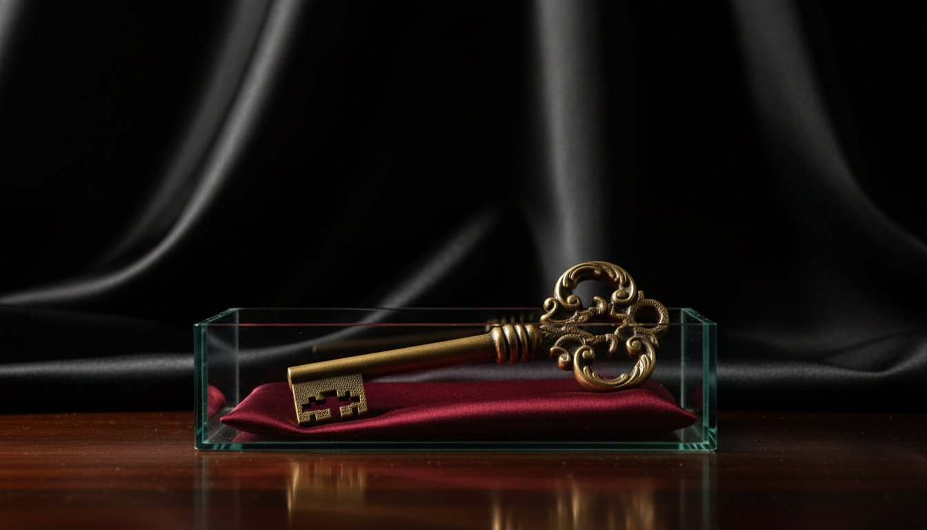 An antique brass key resting inside a clear glass box, symbolizing the security of an escrow account.