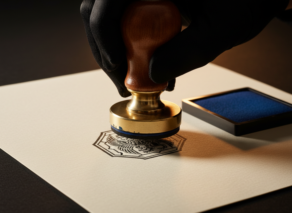 A wooden hand stamp being pressed onto a document, representing the official recording of a property deed.