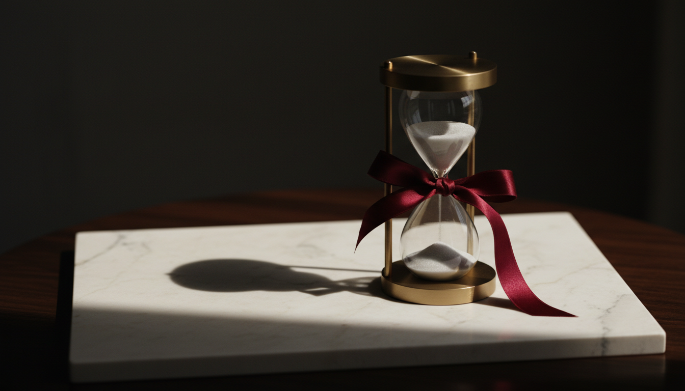 A close-up of a glass hourglass with white sand nearly finished flowing, symbolizing the time it takes to close on a house.