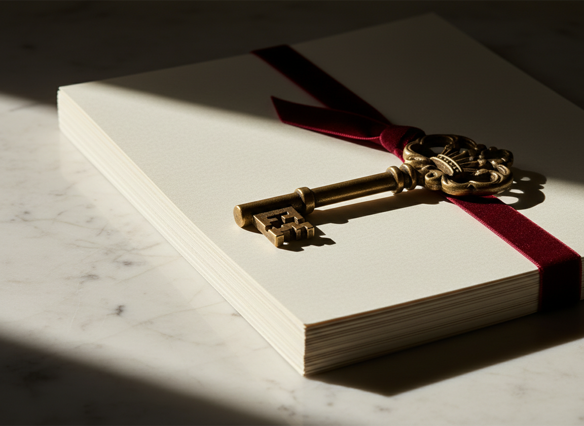 An ornate skeleton key on a stack of documents, representing receiving the keys to a new home after the title process is complete.