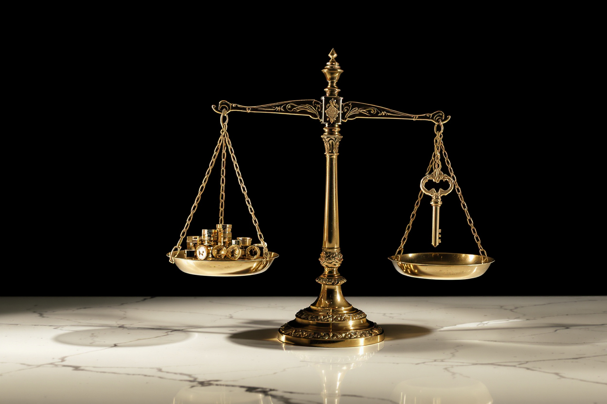A vintage brass scale balances a single house key against a stack of small weights, symbolizing the cost of title insurance.
