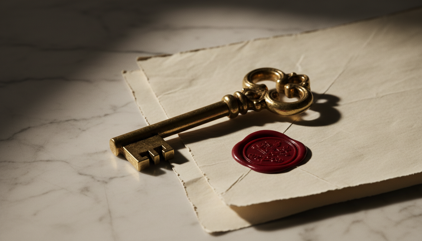 An antique key resting on a folded historical document, representing the security of title insurance.