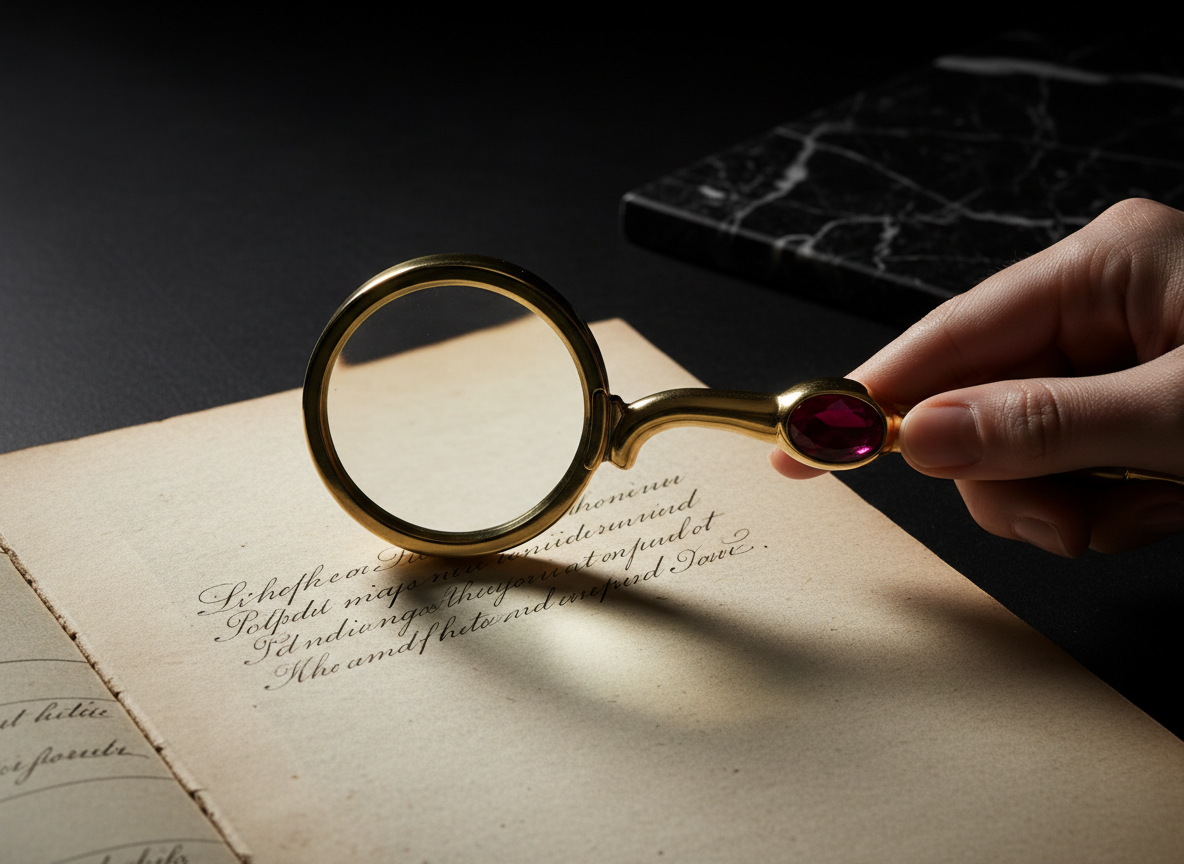 A magnifying glass inspecting an old ledger, symbolizing the detailed title search process.