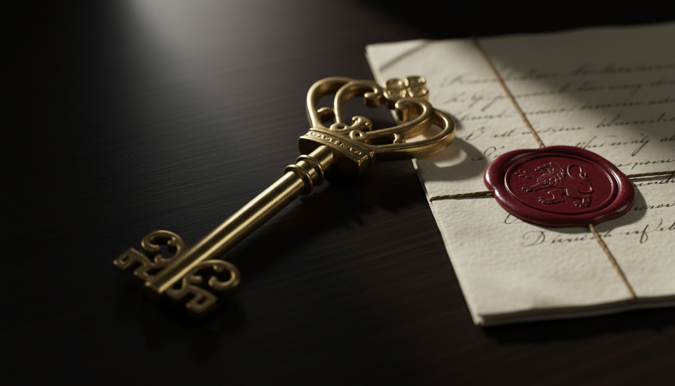 An antique key and a folded will, symbolizing the choice of holding property in a trust for estate planning.