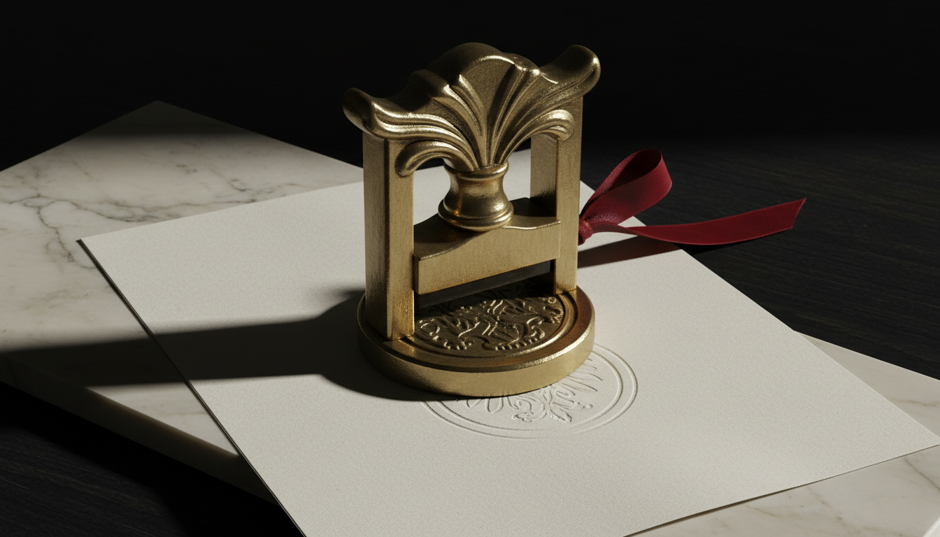 An antique metal embosser pressing a seal into a crisp sheet of paper on a dark wood desk, symbolizing legal finality.
