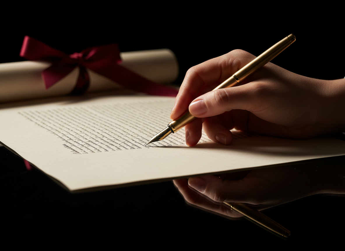 A person's hand pointing with a pen to a line item on a settlement document during a real estate closing.