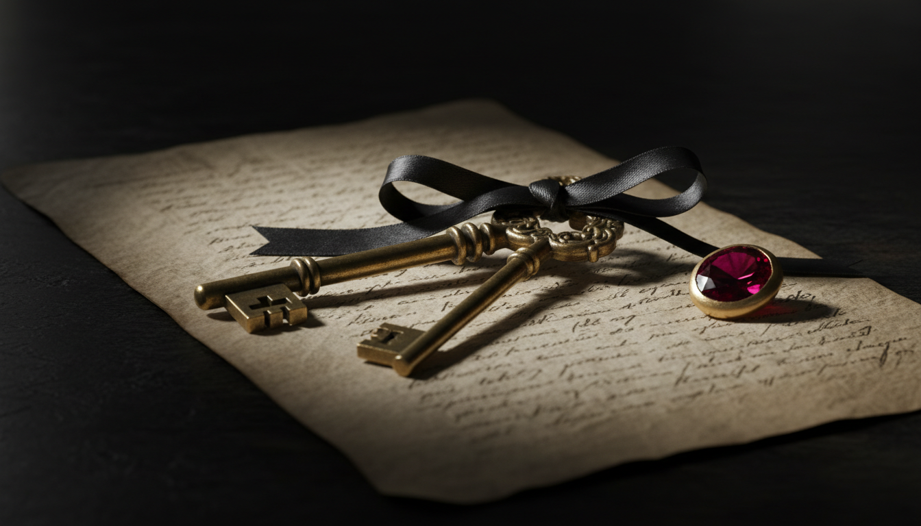 Two antique brass keys tied with a silk ribbon resting on a historic legal document