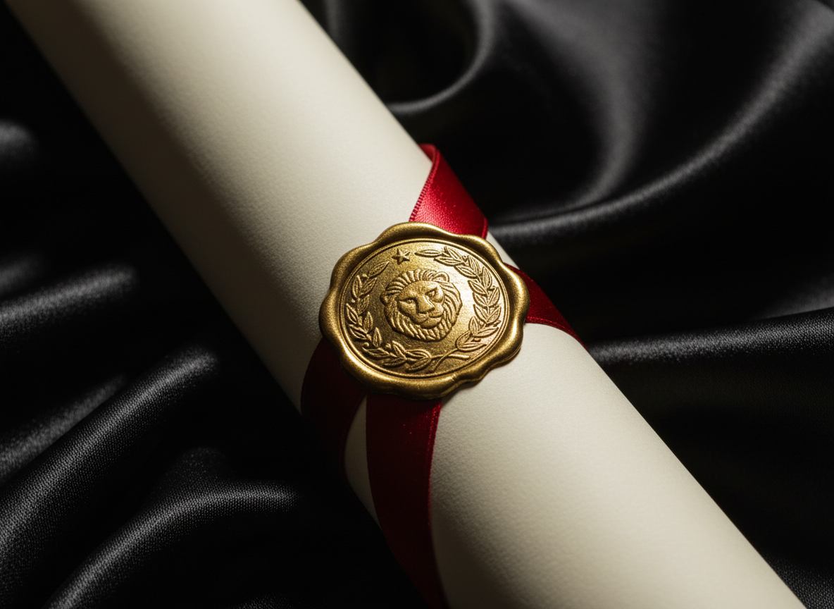 A detailed view of an embossed gold notary seal on heavy legal paper