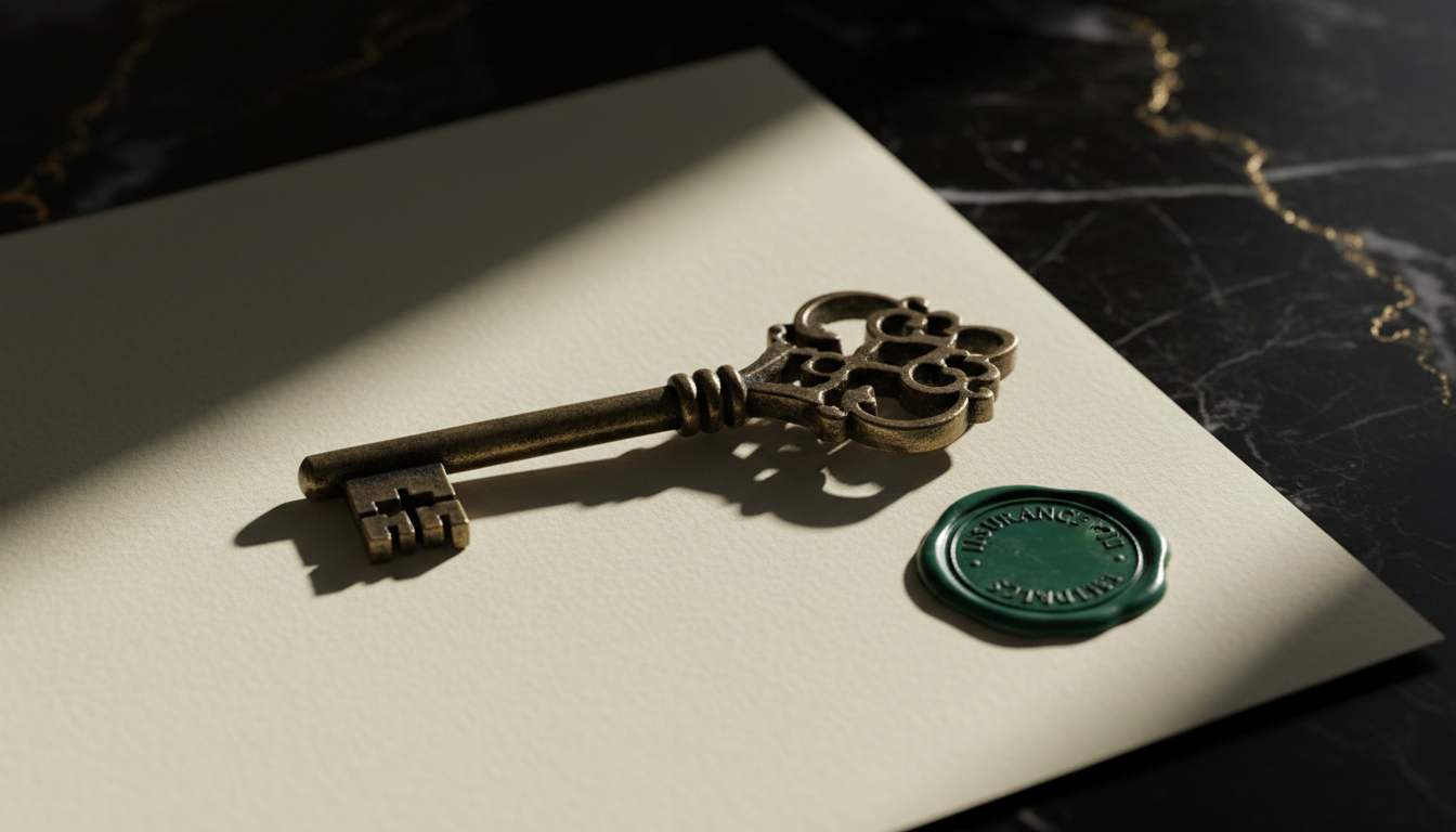 An antique skeleton key lying on a folded and sealed title insurance policy, symbolizing access to protection.