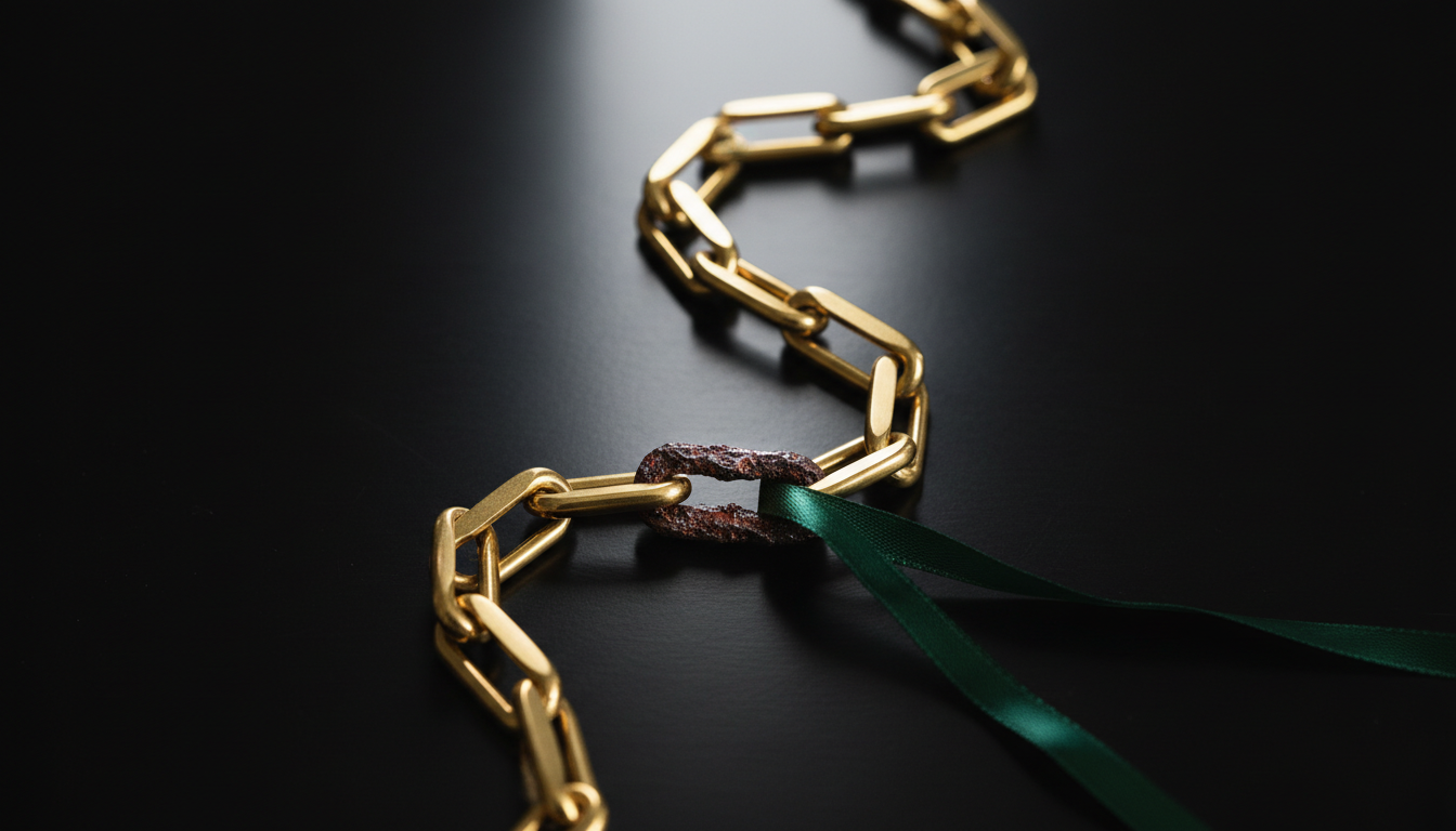 A close-up of a single tarnished link in a steel chain, symbolizing how one person's unpaid HOA fees can affect a whole community.