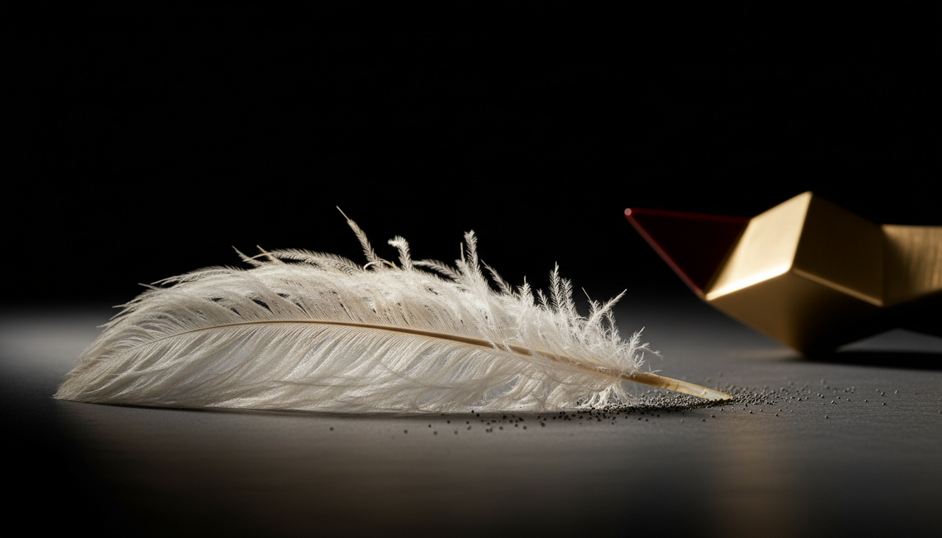 A white feather delicately clears dark sand from a clean slate surface, symbolizing the clearing of a property title.