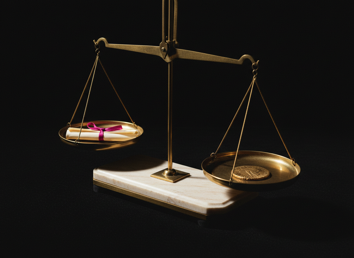 A vintage brass scale perfectly balancing a document and a coin, representing the financial settlement of debts at closing.