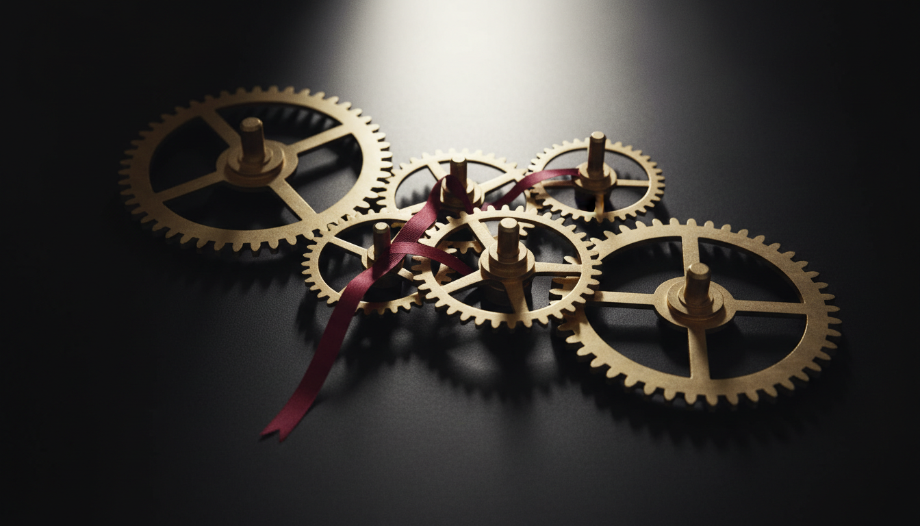 Interlocking brass gears representing the complex machinery of real estate closing costs.