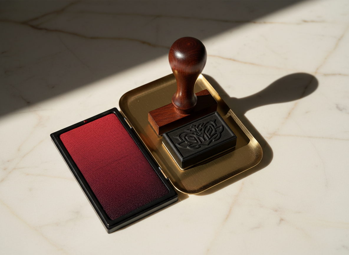 A wooden-handled rubber stamp, symbolizing the official government recordation process in a real estate closing.
