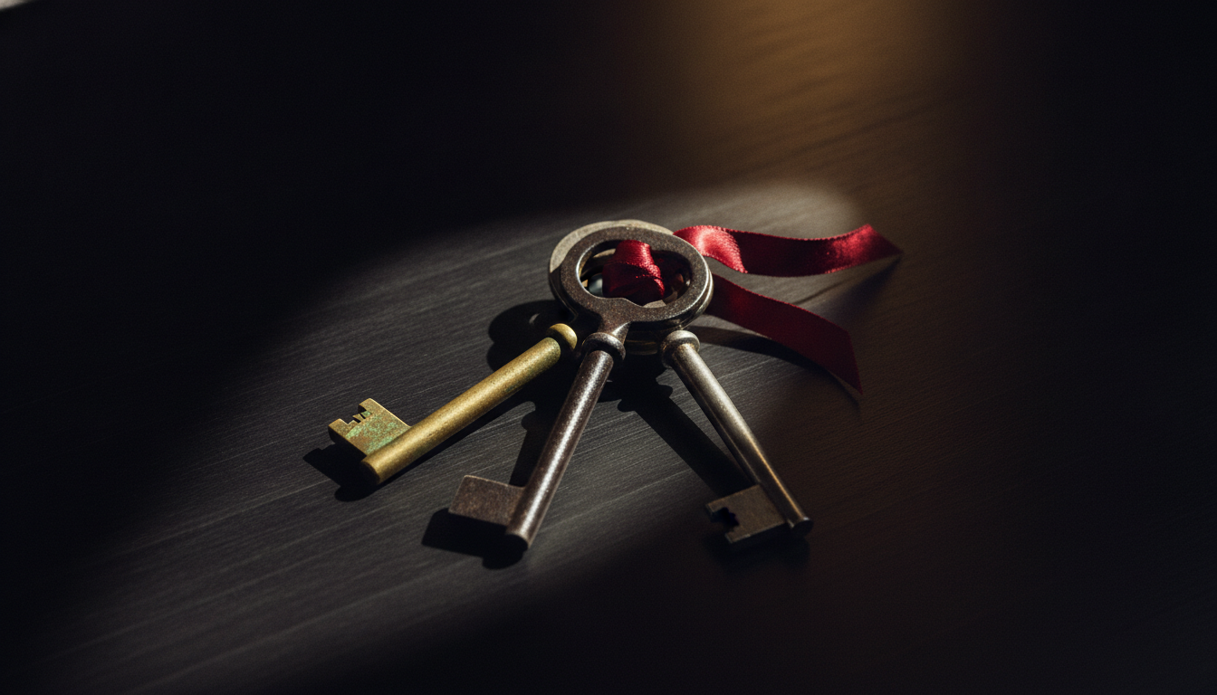 Three antique skeleton keys of varying designs and metals, linked together on a dark wooden table.