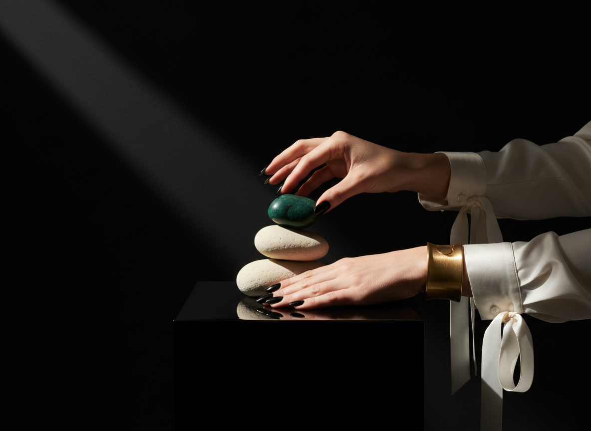 Close-up of two hands carefully stacking smooth, gray stones, creating a balanced cairn.