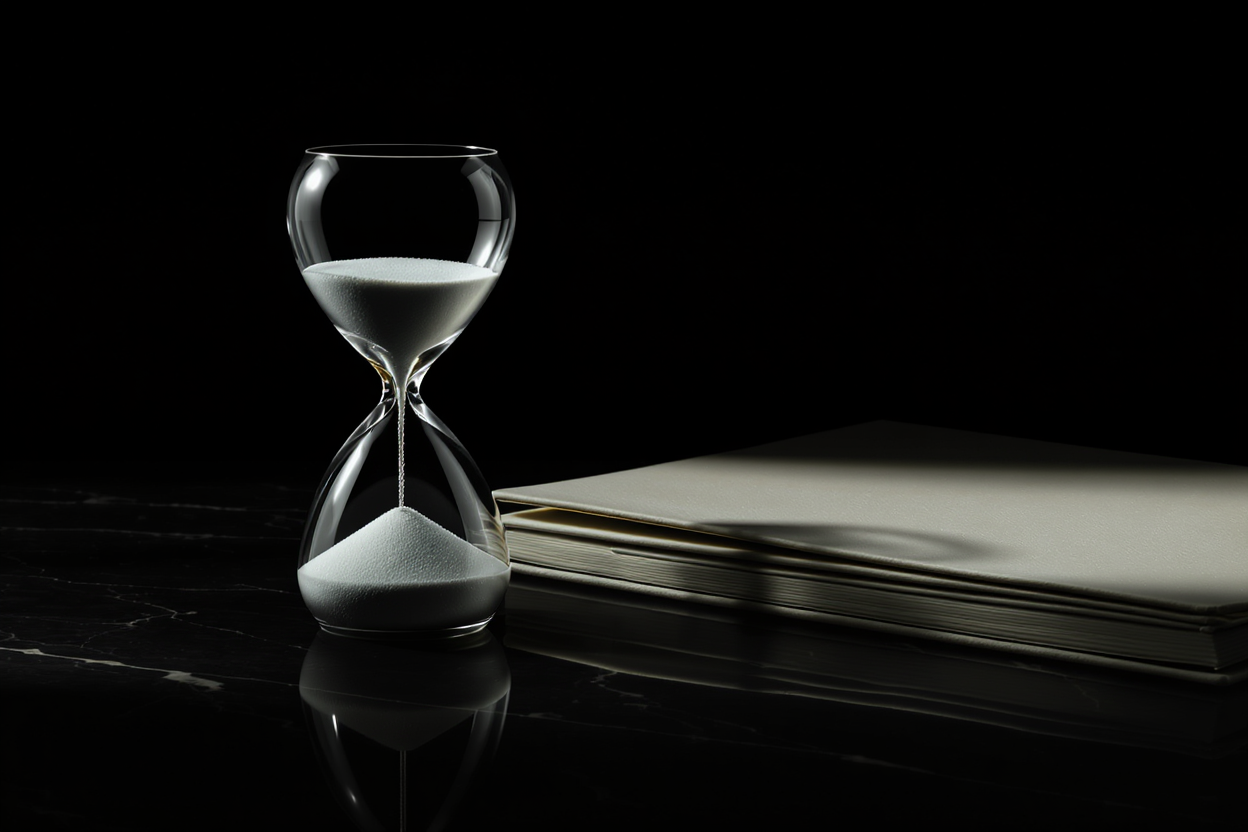 An hourglass with sand running out, symbolizing the legally mandated waiting period before a real estate closing.