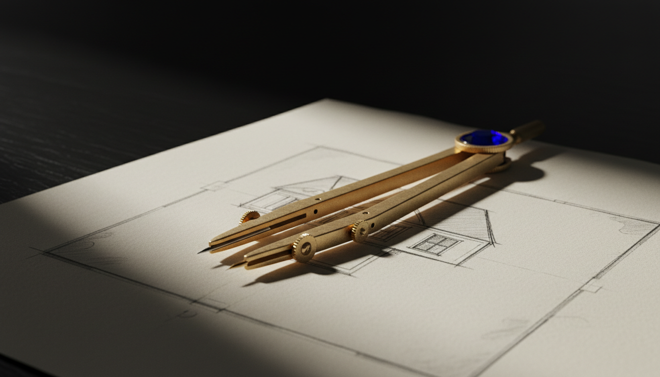 A brass drafting compass lying on a house location survey drawing.