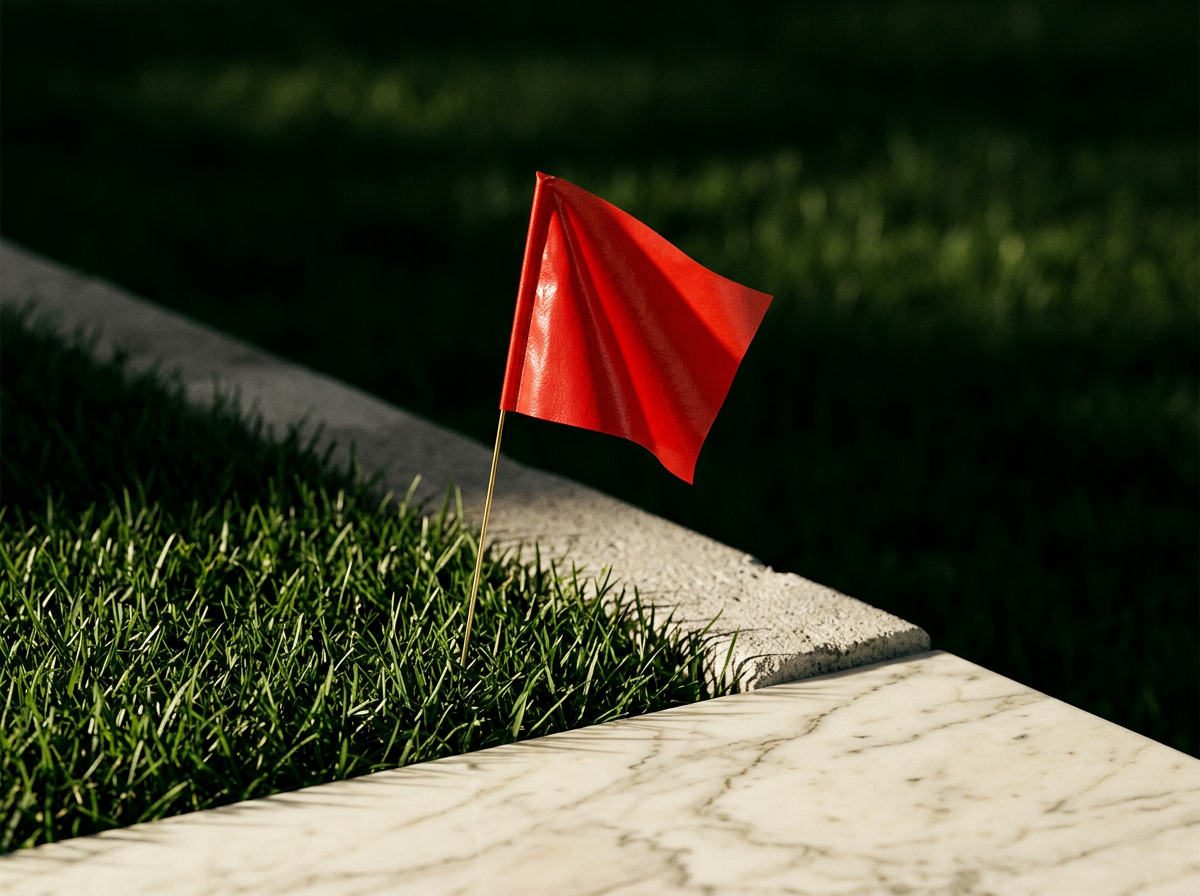 A small orange surveyor's flag marking a spot on a residential lawn.
