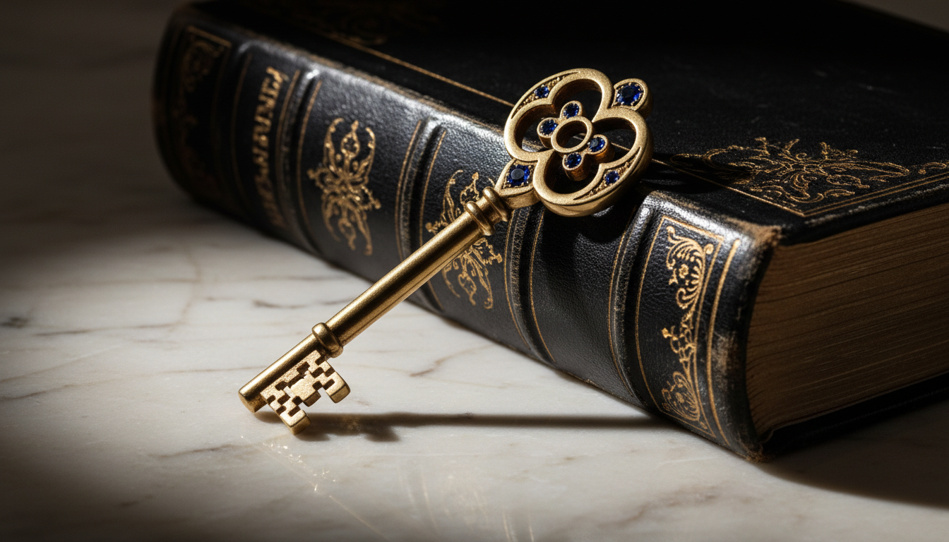 An old-fashioned brass key on top of a closed, vintage leather book, symbolizing the key to a property's history.