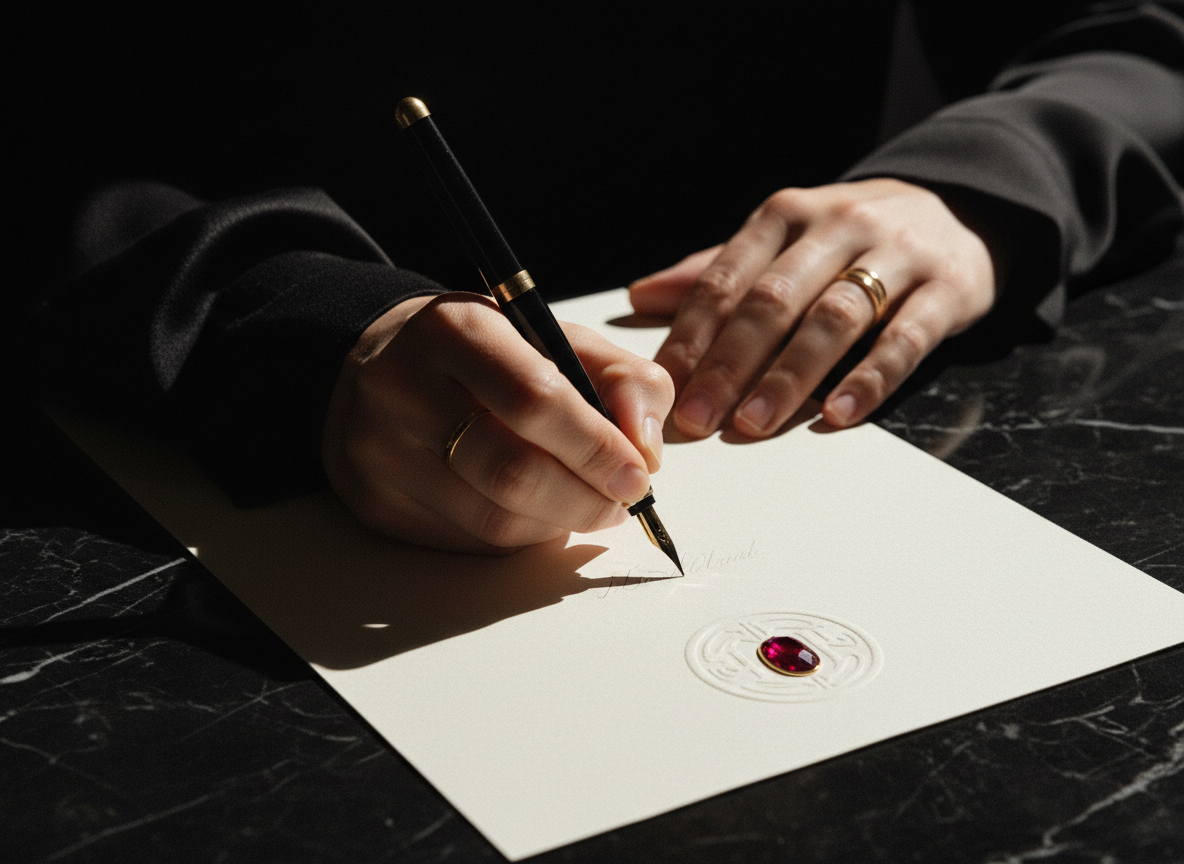 A hand signing a formal document with a fountain pen near an embossed seal, representing the execution of a property deed.