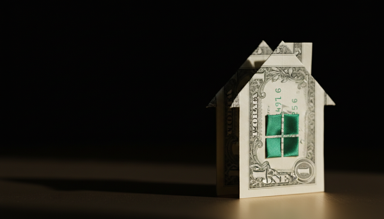 A dollar bill folded into the shape of a small house, symbolizing the financing of a home.