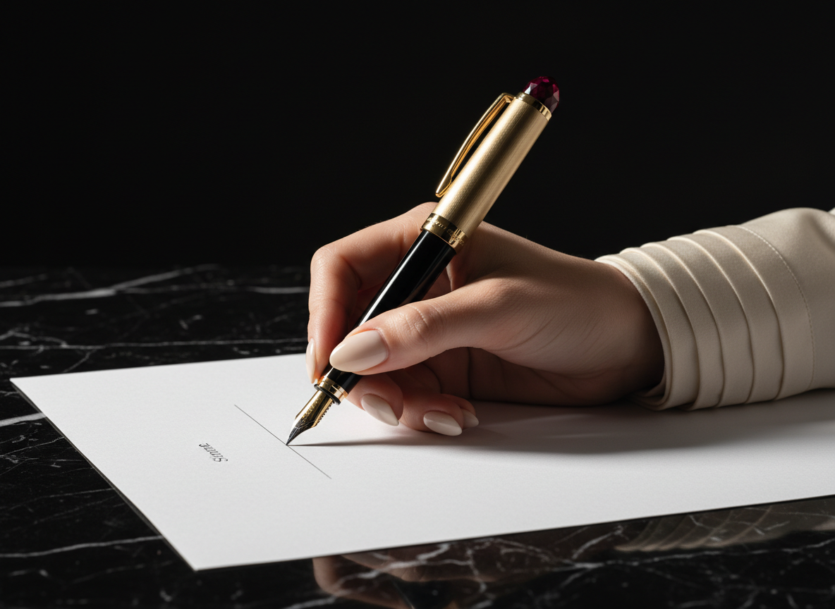 A hand preparing to sign a real estate contract with a fountain pen.