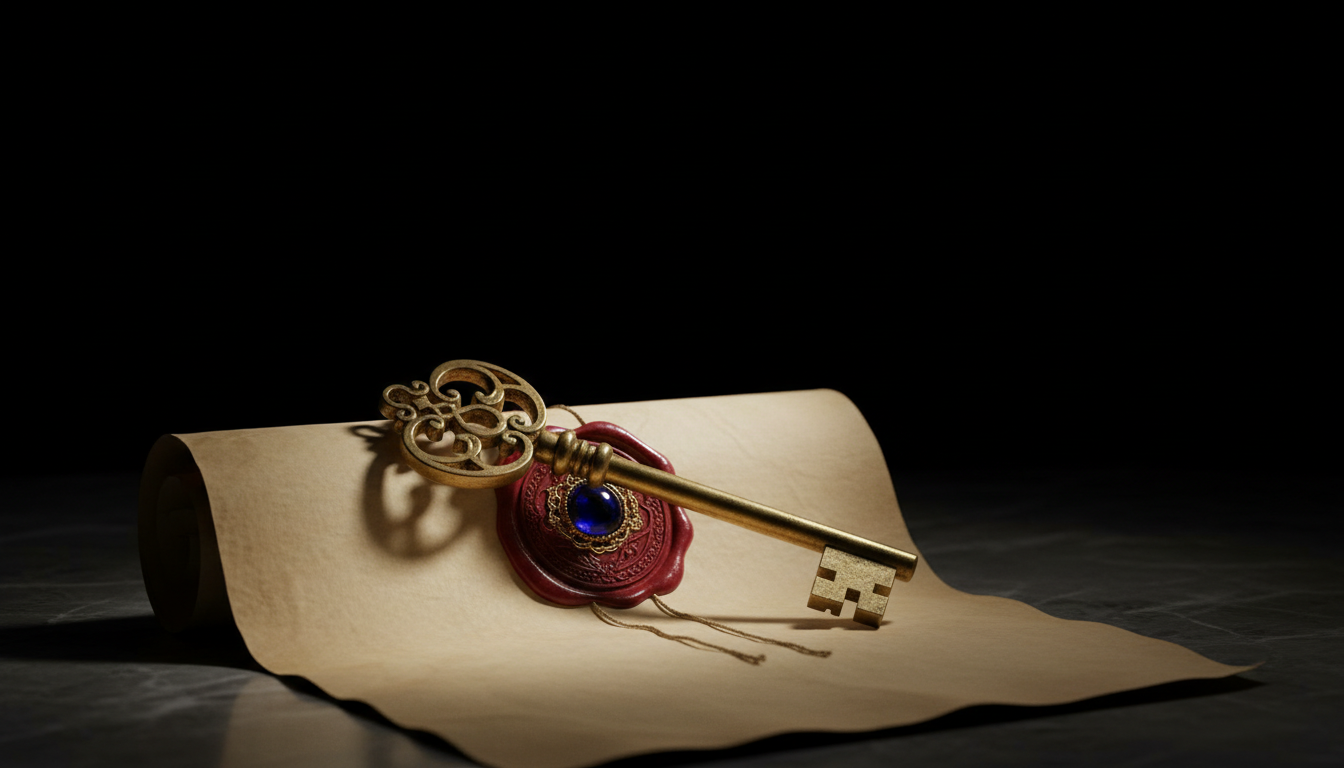 A solid brass key resting on a legal real estate transfer document