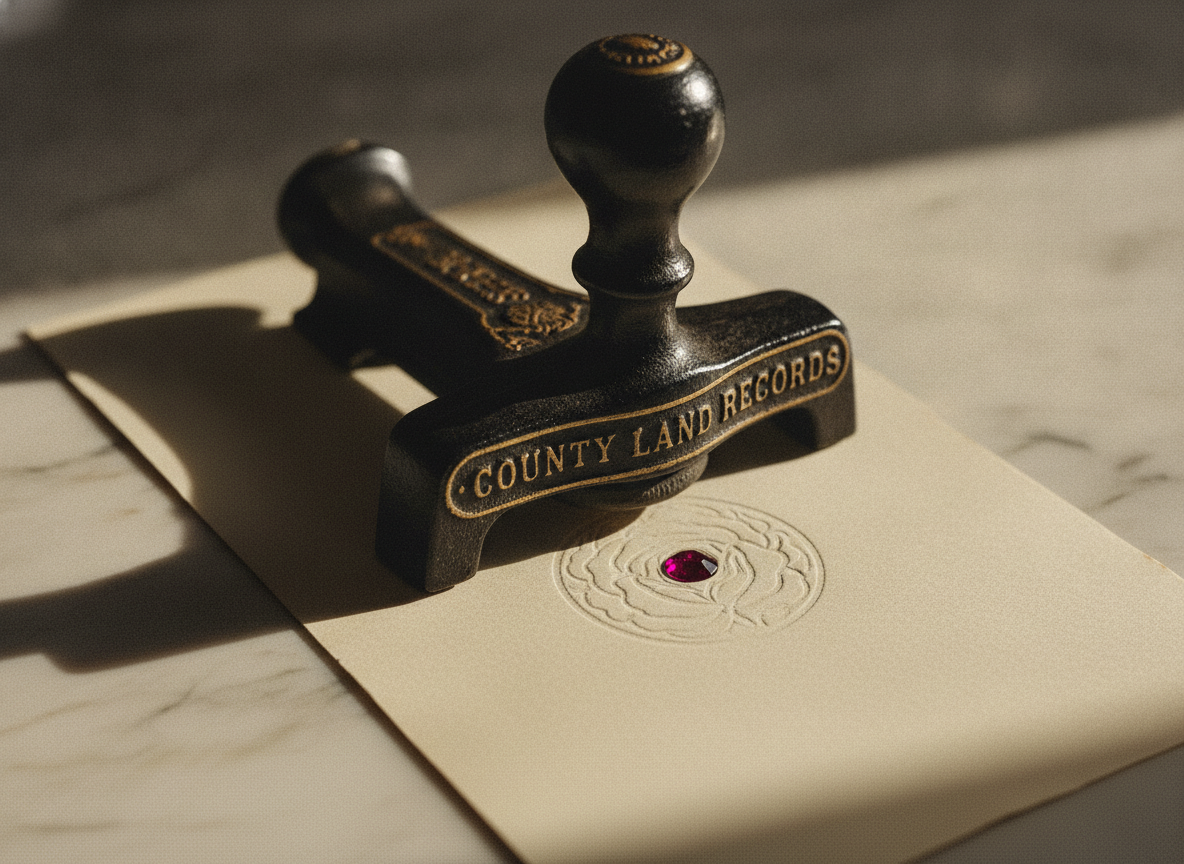 A vintage recording stamp placed beside an official county land deed