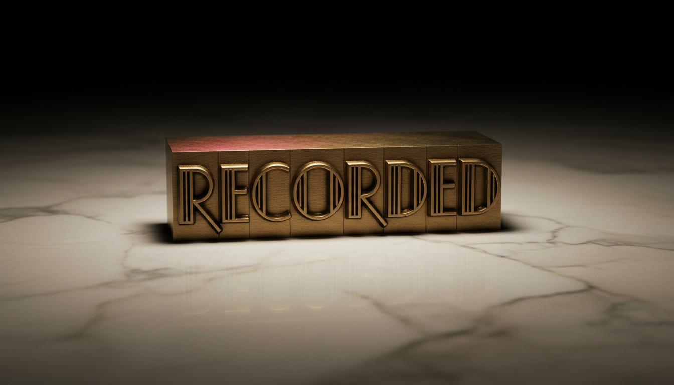A metal letterpress stamp with the word 'RECORDED' on it, symbolizing the official recording of a deed.