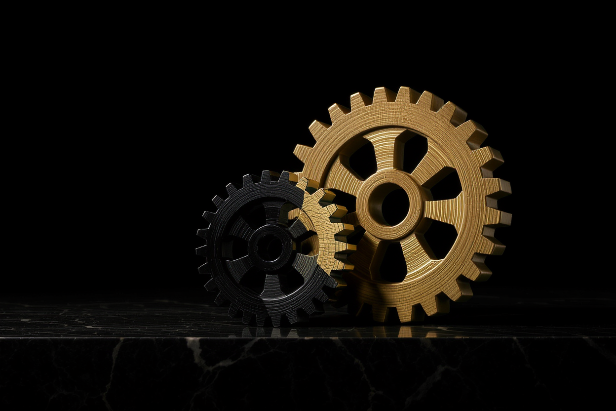 Interlocking gears representing the relationship between sales price and seller credits in a real estate negotiation.