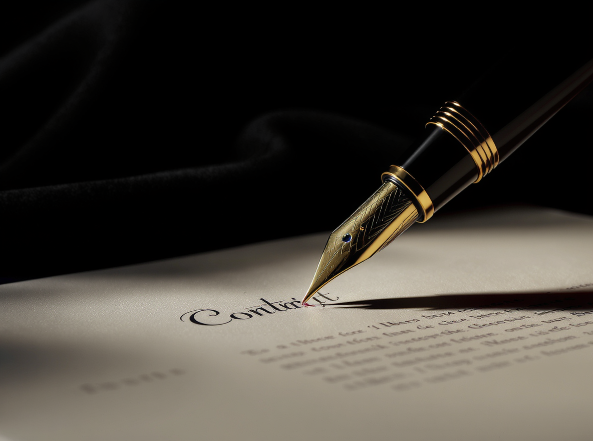 A fountain pen poised over a contract, symbolizing the negotiation of real estate closing costs and terms.